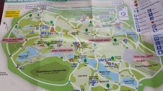 Map of Shinjuku Gyoen National Garden showing walkways