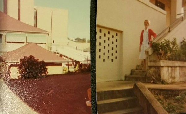 An australian general hospital from 1970s and a student nurse in training on the steps of the nurses quarters